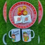 Aipan Art Bhaiya Bhabhi Rakhi Combo With Aipan Art Thali and Dajyu Bhabhi Mugs