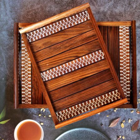 Kolam Inspired Hand Painted Sheesham Wood Serving Tray Set