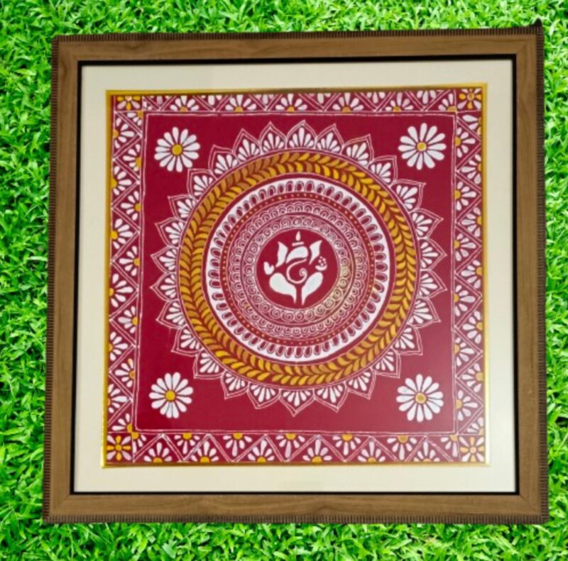 Bring divine blessings and traditional elegance to your home with this handmade Apain Art Ganesh Ji Wall Hanging Painting. Expertly crafted by skilled artisans, this painting is made with intricate handwork on fabric, beautifully framed in a 20" x 20" durable frame with protective glass covering for long-lasting shine and safety. Lord Ganesha, the symbol of wisdom, prosperity, and good fortune, makes this wall art a perfect addition to your living room, pooja room, office, or gifting purpose.