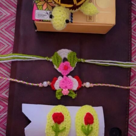 Handmade Crochet Rakhi Combo Set with Turtle Toy & Hair Clips