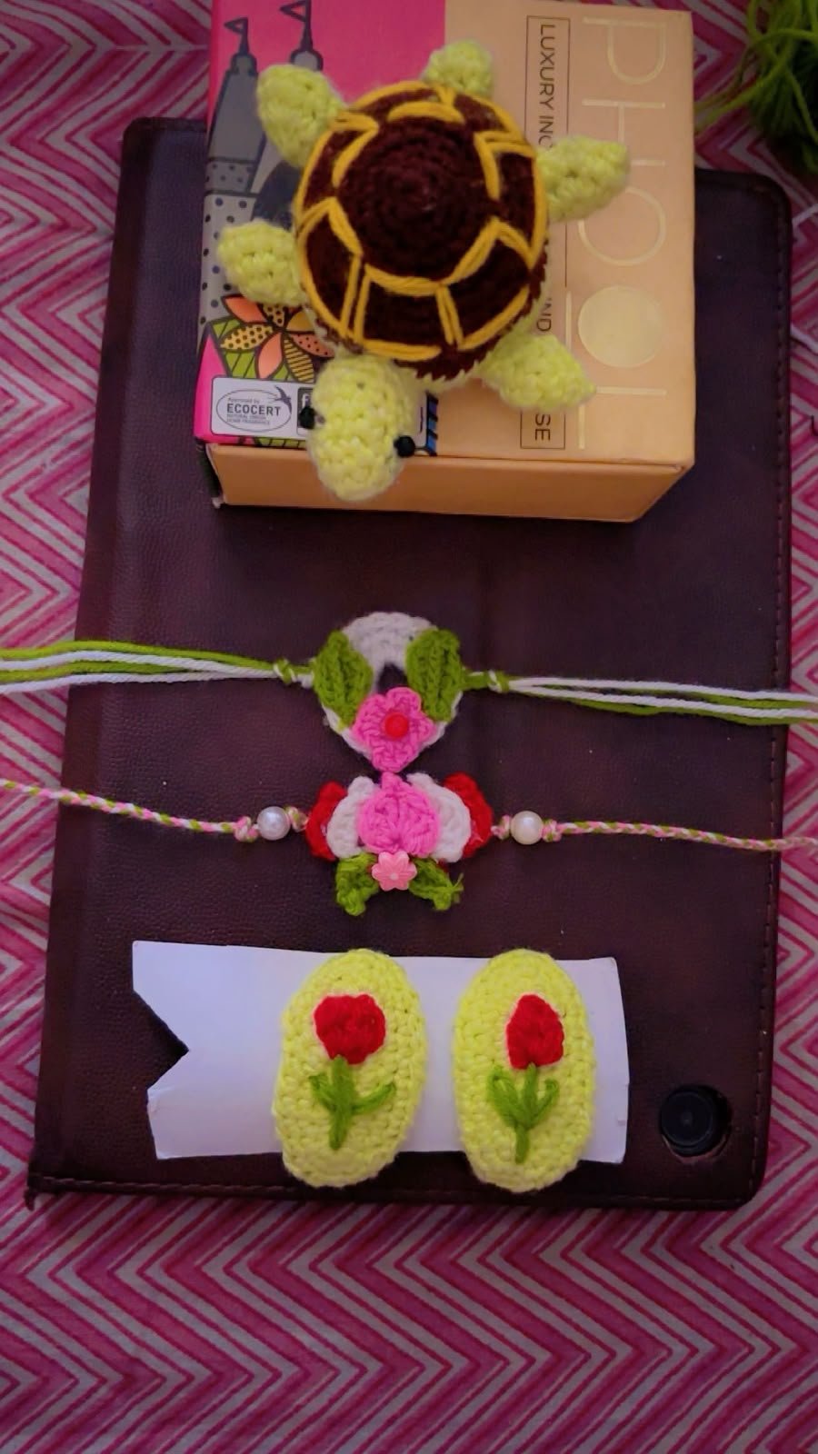 COMBO Handmade Crochet Rakhi Combo Set with Turtle Toy & Hair Clips